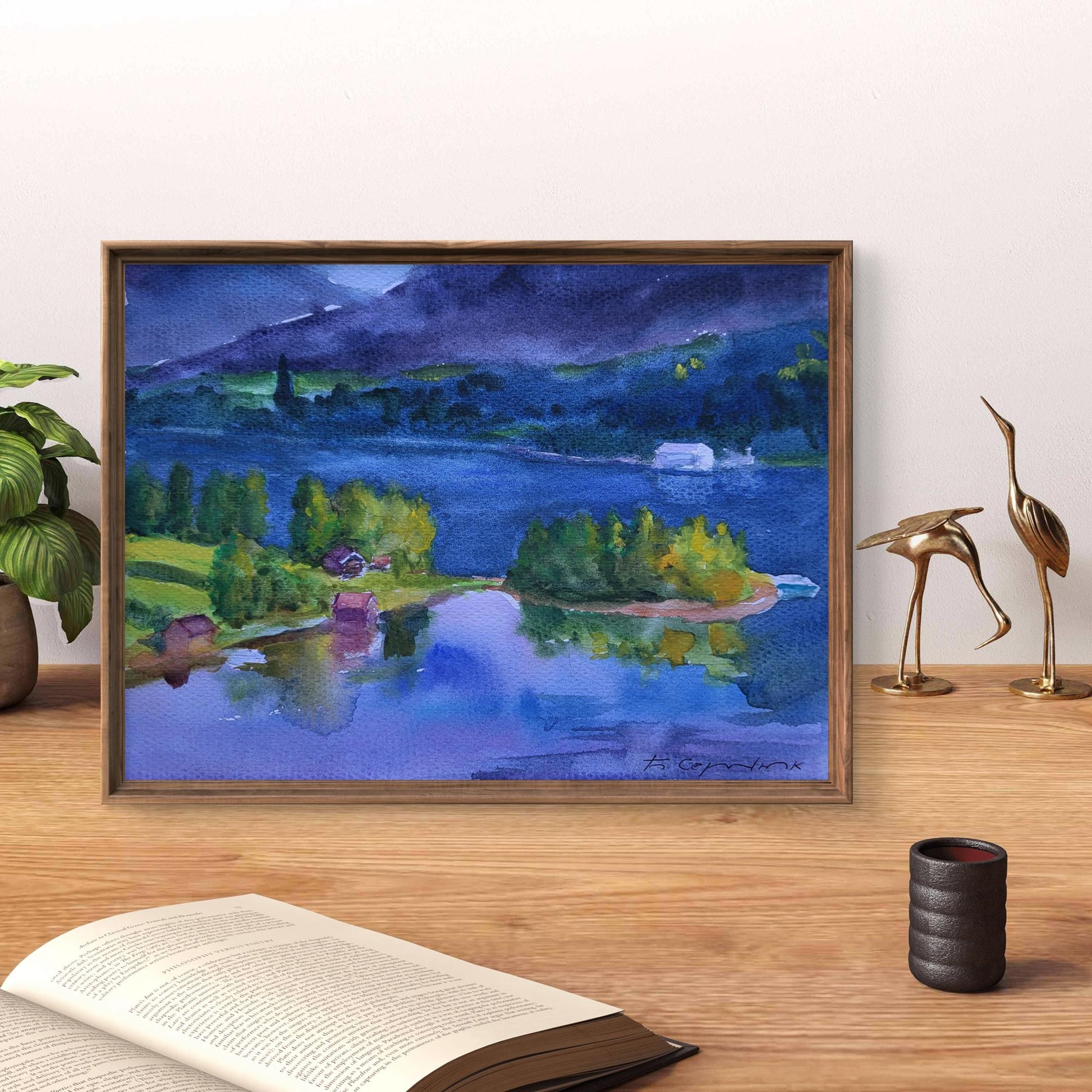 Framed Boris Serdyuk watercolor of serene lake with blues, greens, purples