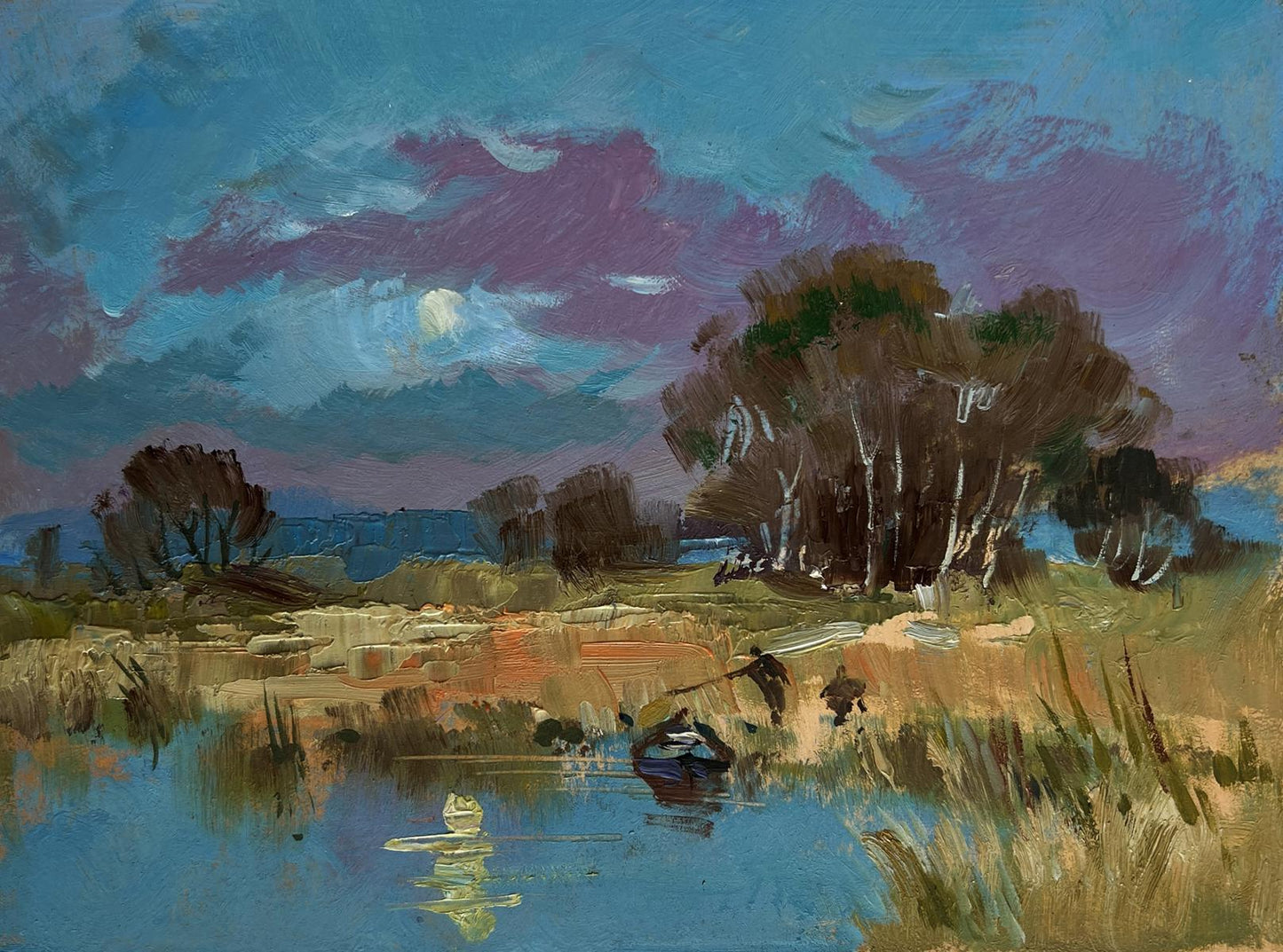 Serene oil painting by Yuriy Suprunchuk: twilight river with boats
