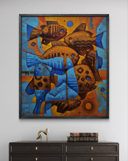 Oil painting Gold fish parade by Sergiy Voichenko, vibrant blue brown fish on orange