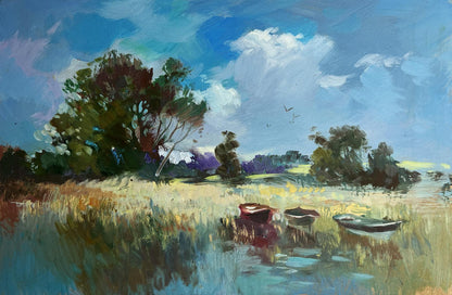 Oil painting Three boats on the river by Yuriy Suprunchuk