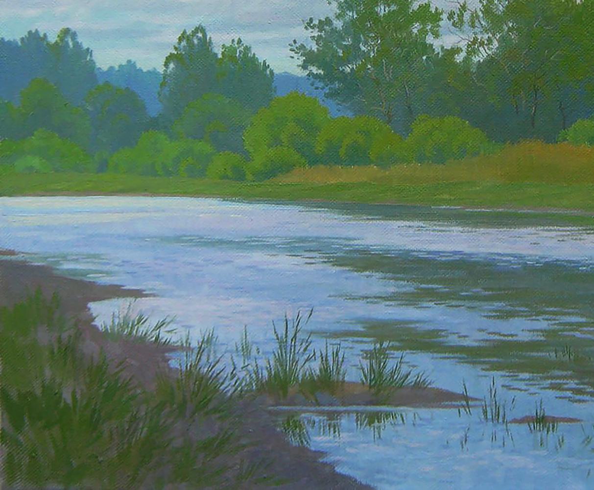 Oil painting of calm summer lake with reflective blue water and green banks by Valery Savenets