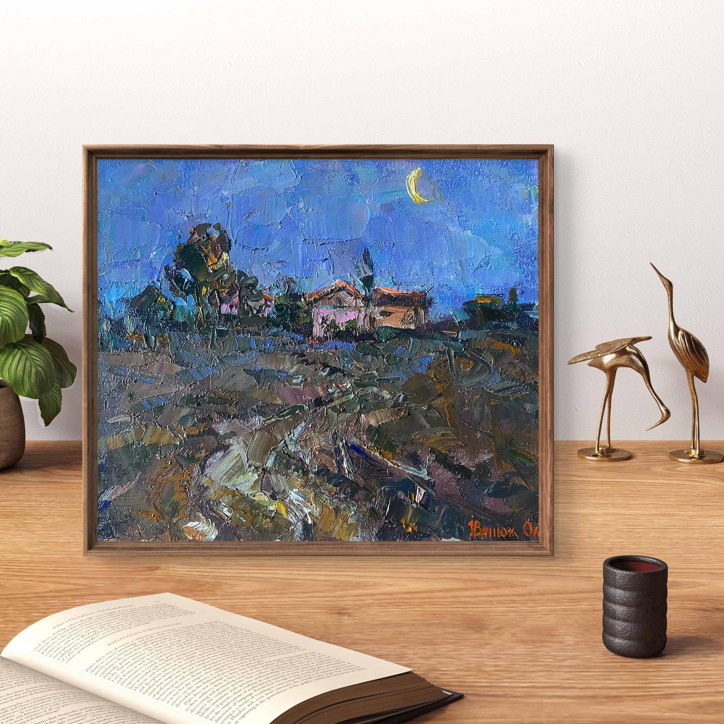 Framed Oil Painting Moon Morning by Oleksiy Ivanyuk, impressionist village under crescent moon