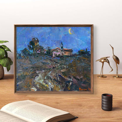 Framed Oil Painting Moon Morning by Oleksiy Ivanyuk, impressionist village under crescent moon