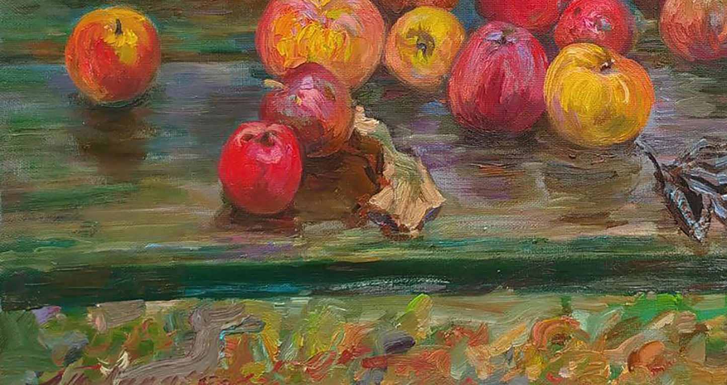 Oil painting of vibrant red yellow apples after rain by Leonid Pavlenko