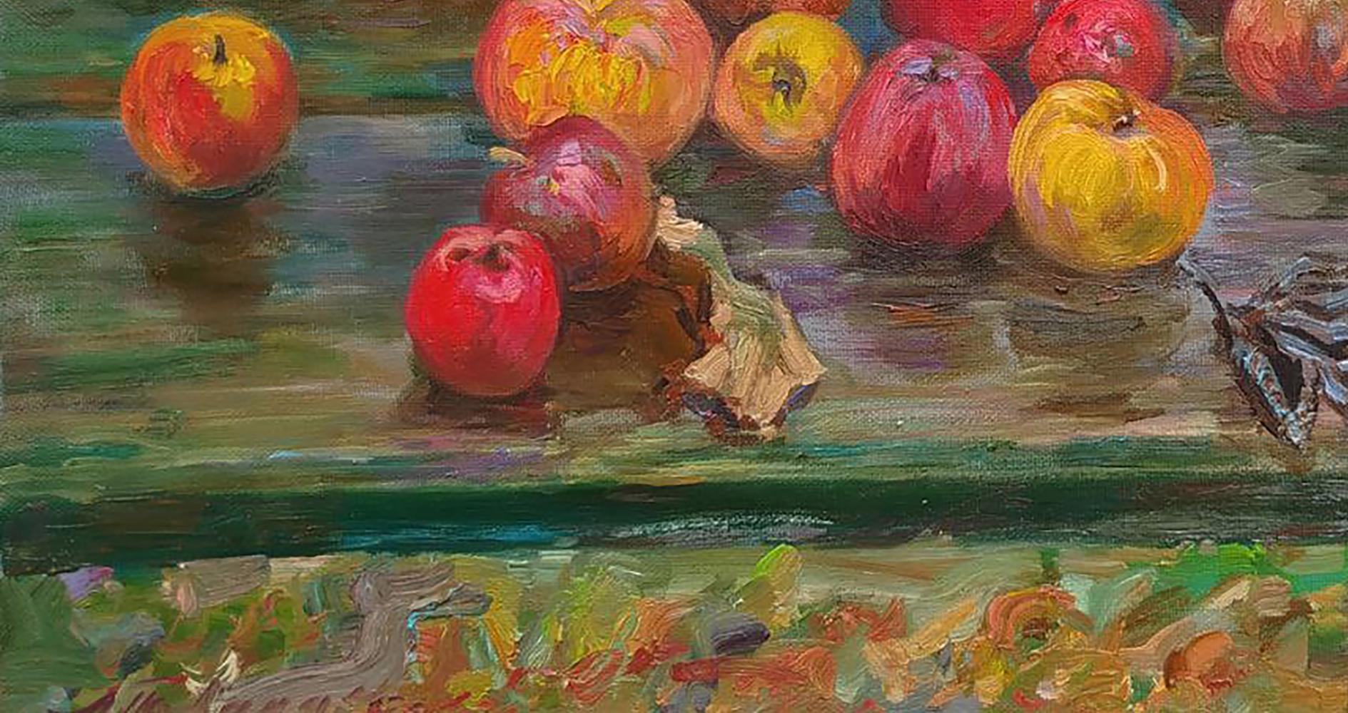 Oil painting of vibrant red yellow apples after rain by Leonid Pavlenko