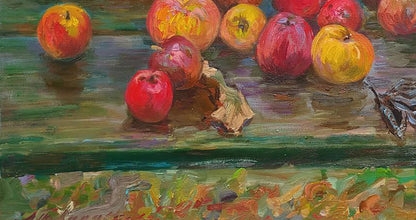 Oil painting of vibrant red yellow apples after rain by Leonid Pavlenko