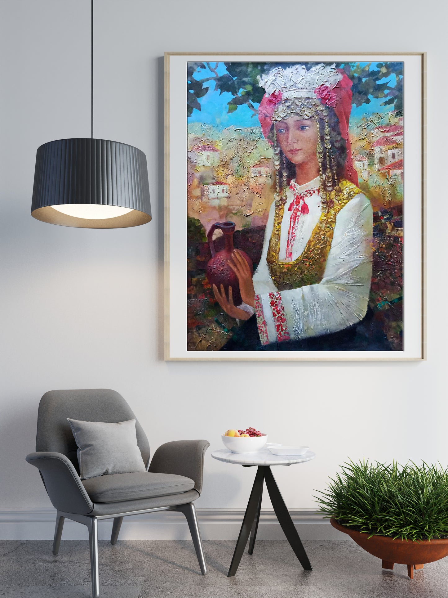 Framed abstract oil painting of Bulgarian girl by Anatoly Borisovich Tarabanov