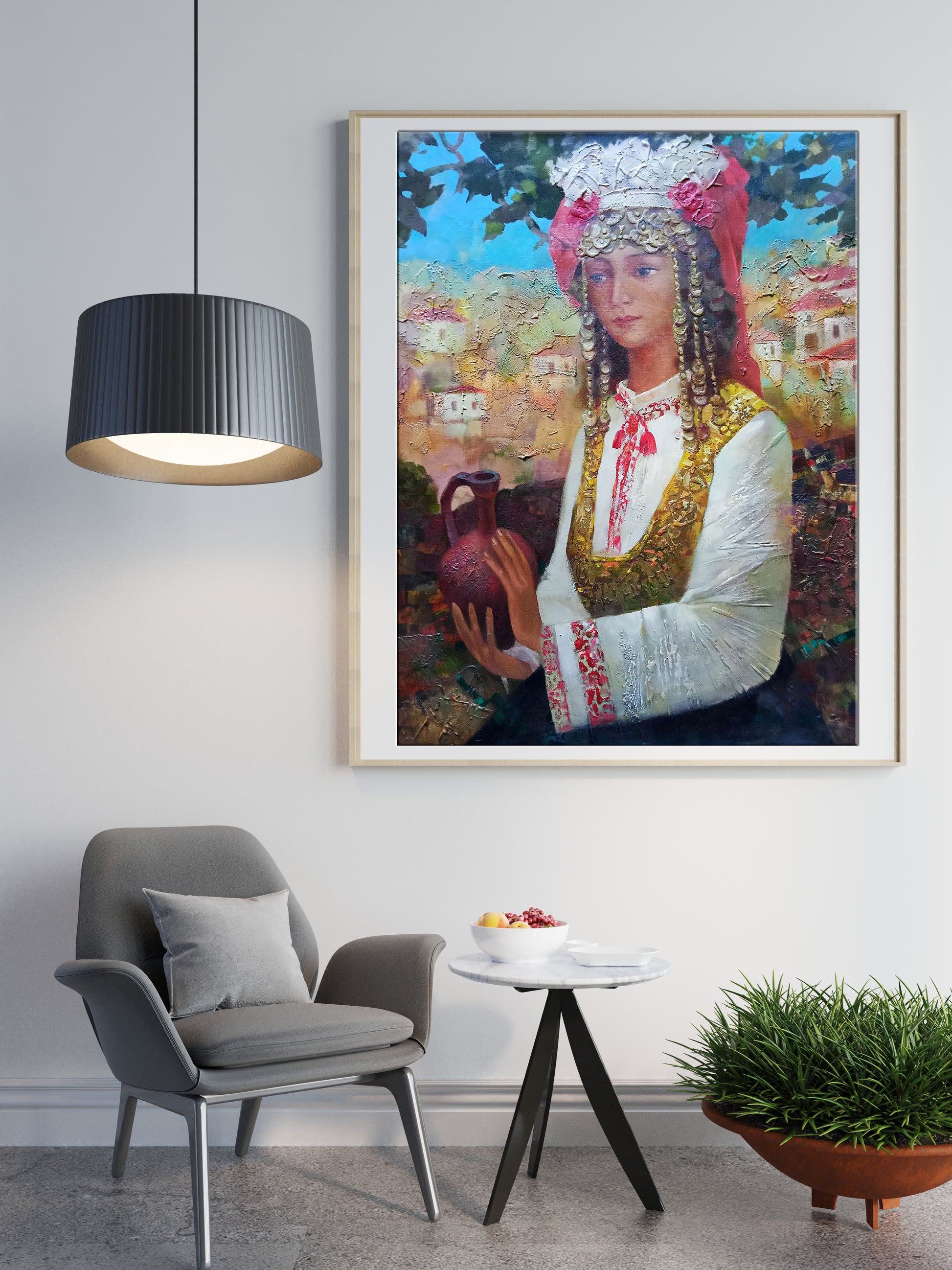 Framed abstract oil painting of Bulgarian girl by Anatoly Borisovich Tarabanov