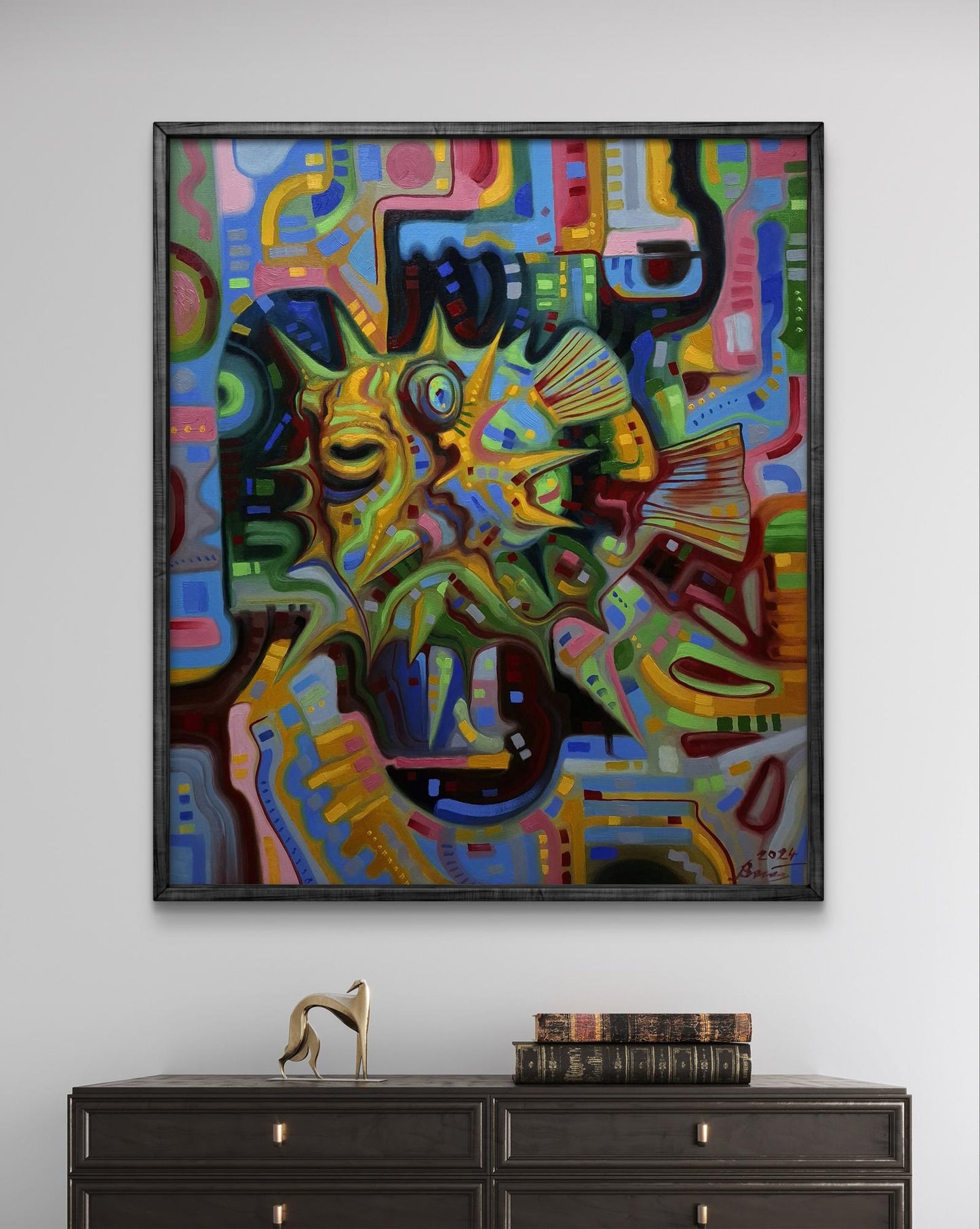 Vibrant Green Electric Fugu oil painting by Sergiy Voichenko in black frame