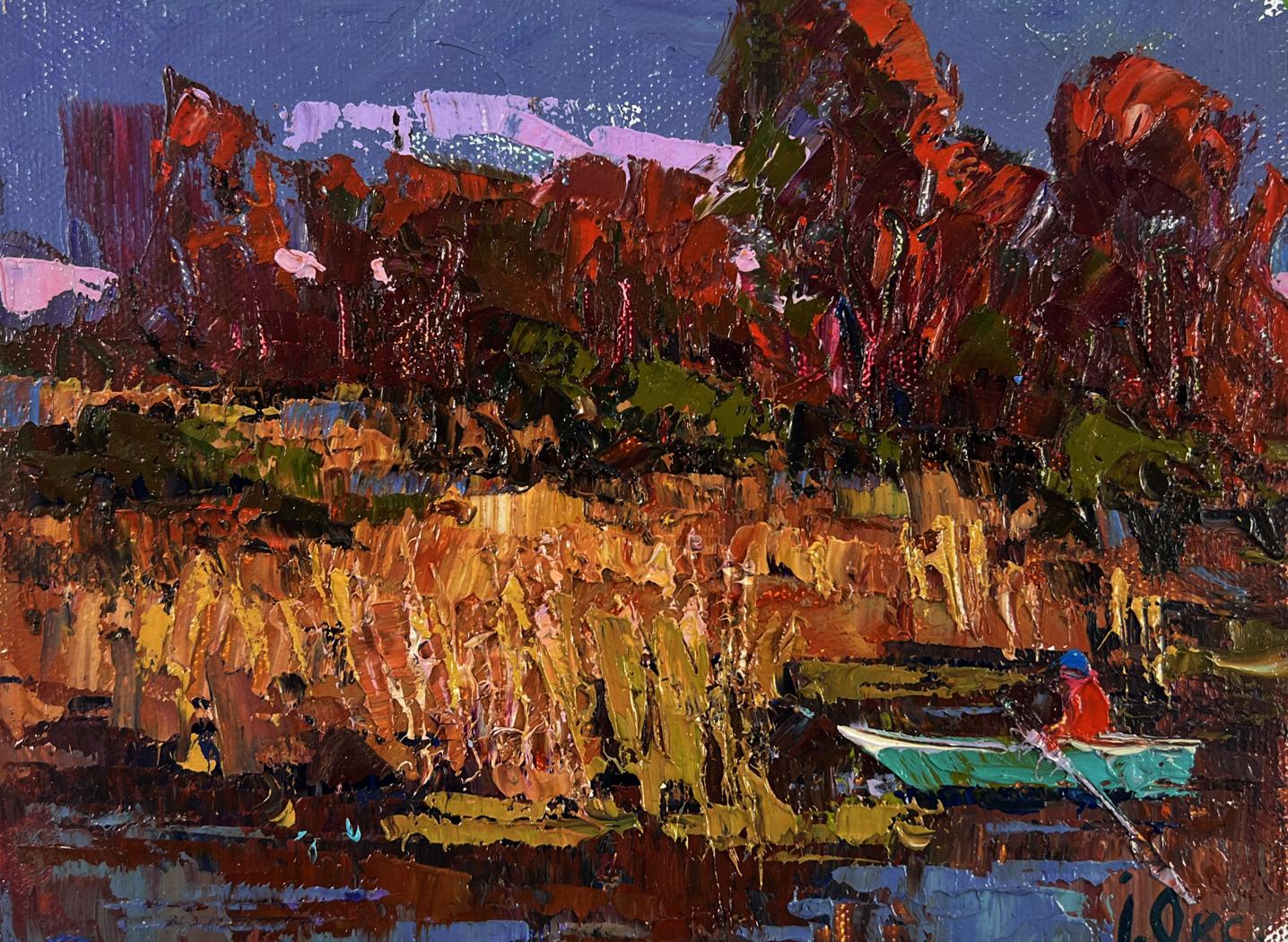 Oil painting A walk in the evening silence by Oksana Ivanyuk with green boat