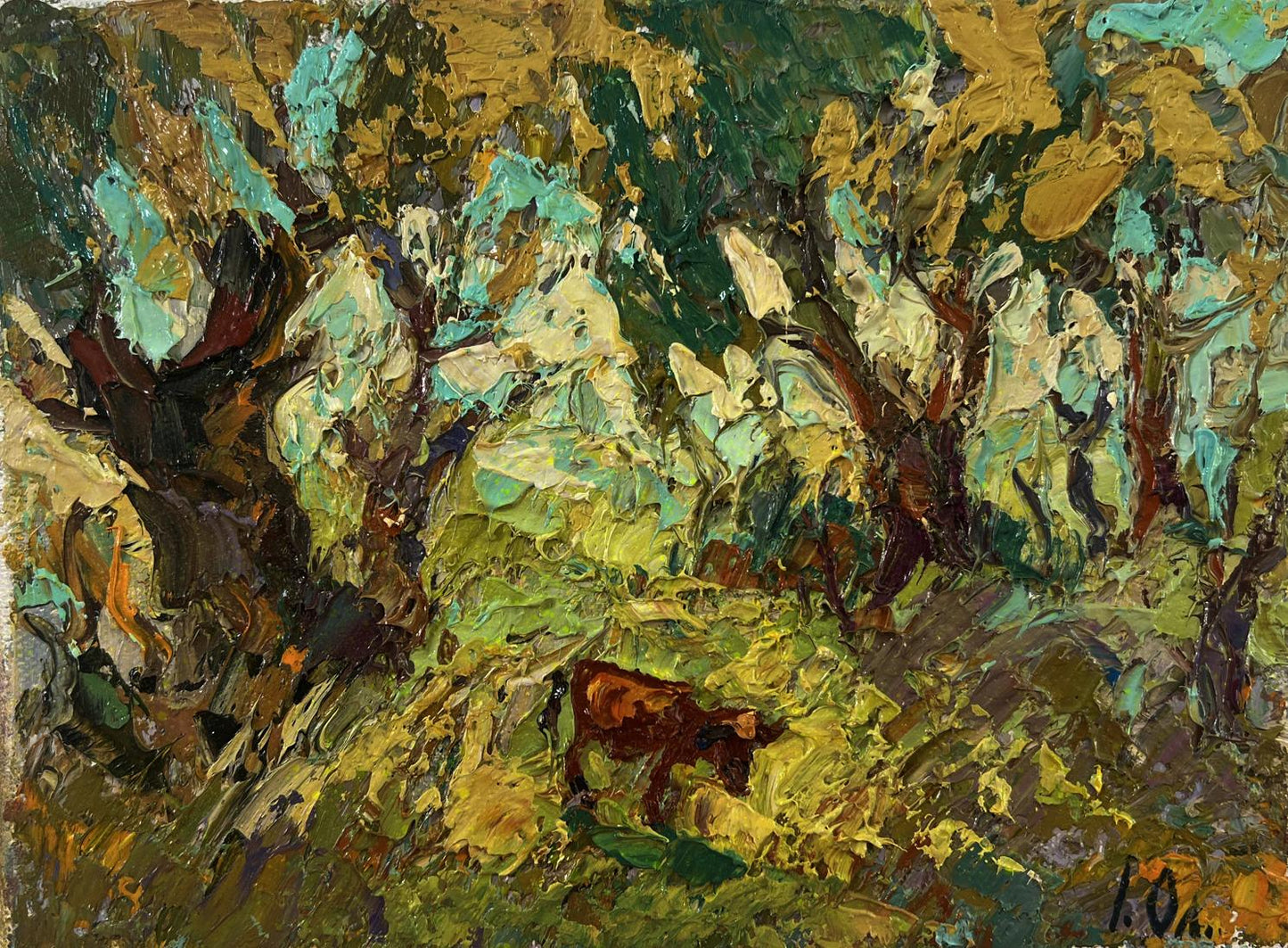 Brown cow in Oleksiy Ivanyuk oil painting In the shade of the trees