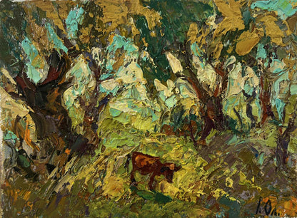 Brown cow in Oleksiy Ivanyuk oil painting In the shade of the trees