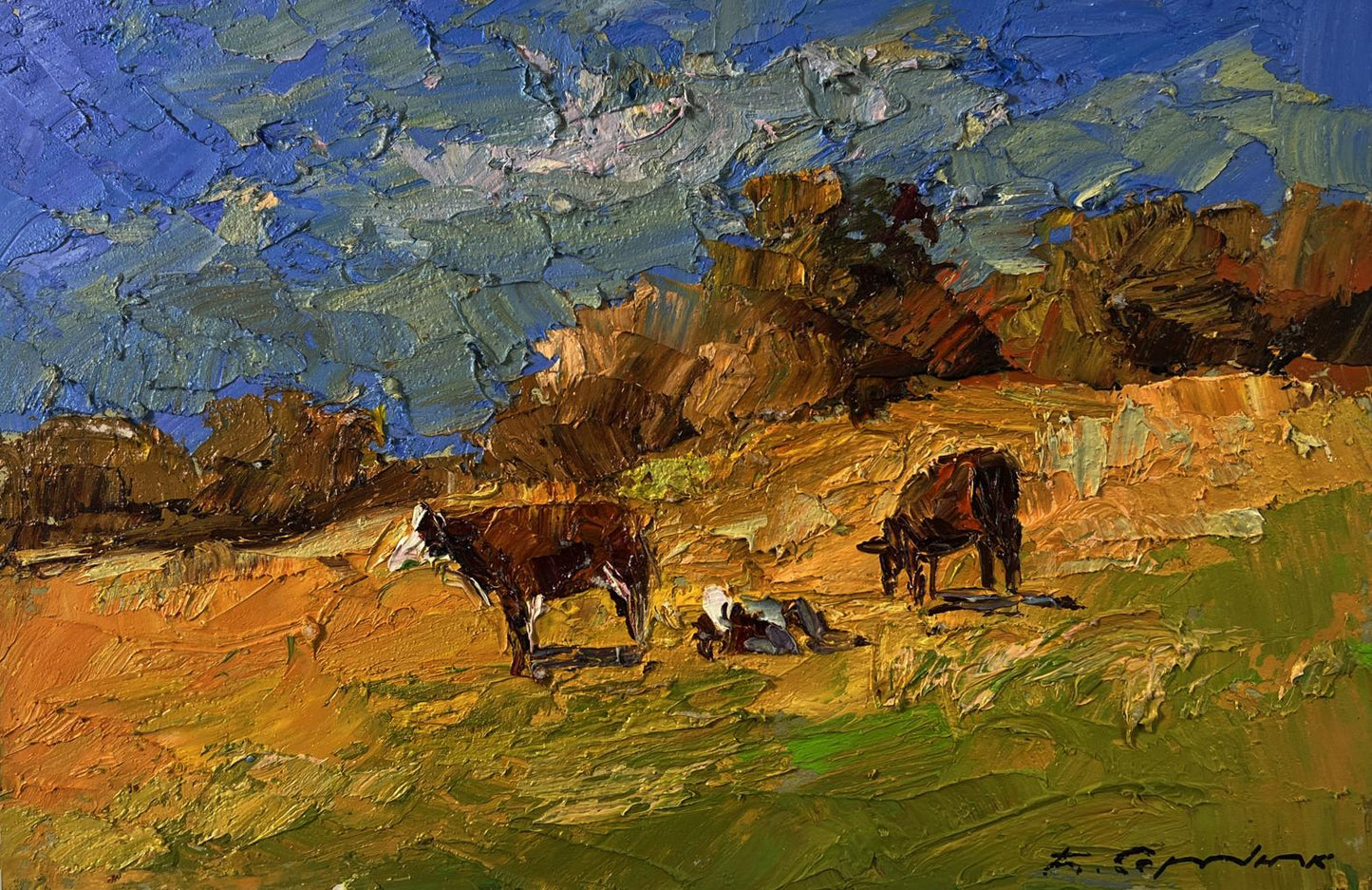 Oil painting of two cows on hill by Boris Serdyuk