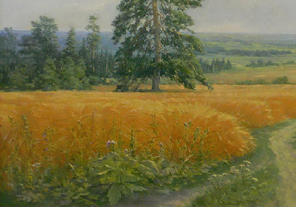 Oil painting Road in the field by Vasily Korkishko: golden wheat under soft sky