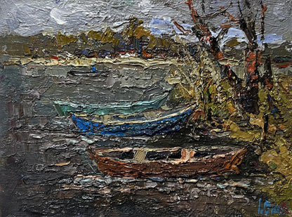 Oil painting Autumn melancholy by Oksana Ivanyuk: blue and brown boats on reflective water