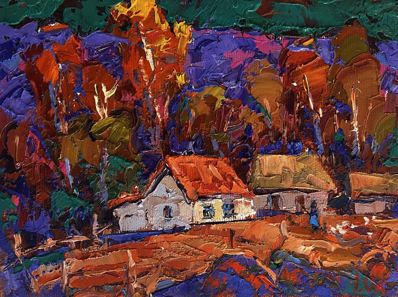 Oil painting Autumn night in the village by Oleksiy Ivanyuk with orange roof