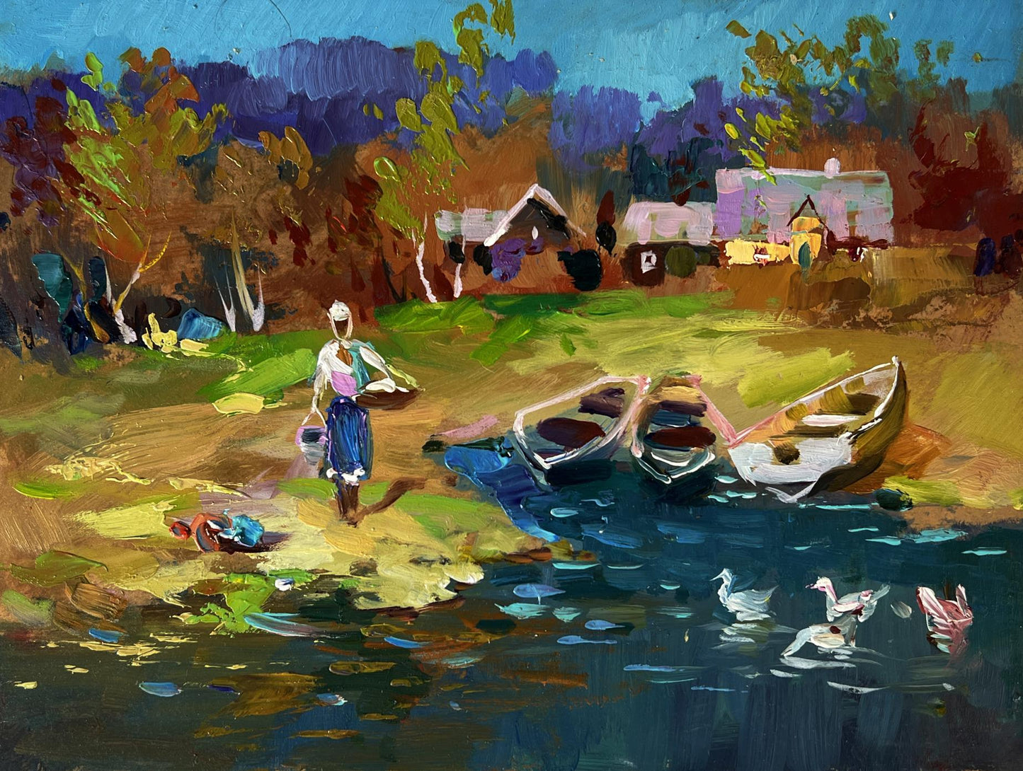 Oil painting by Yuriy Suprunchuk: geese swim near river with boats