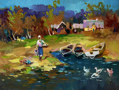 Oil painting by Yuriy Suprunchuk: geese swim near river with boats