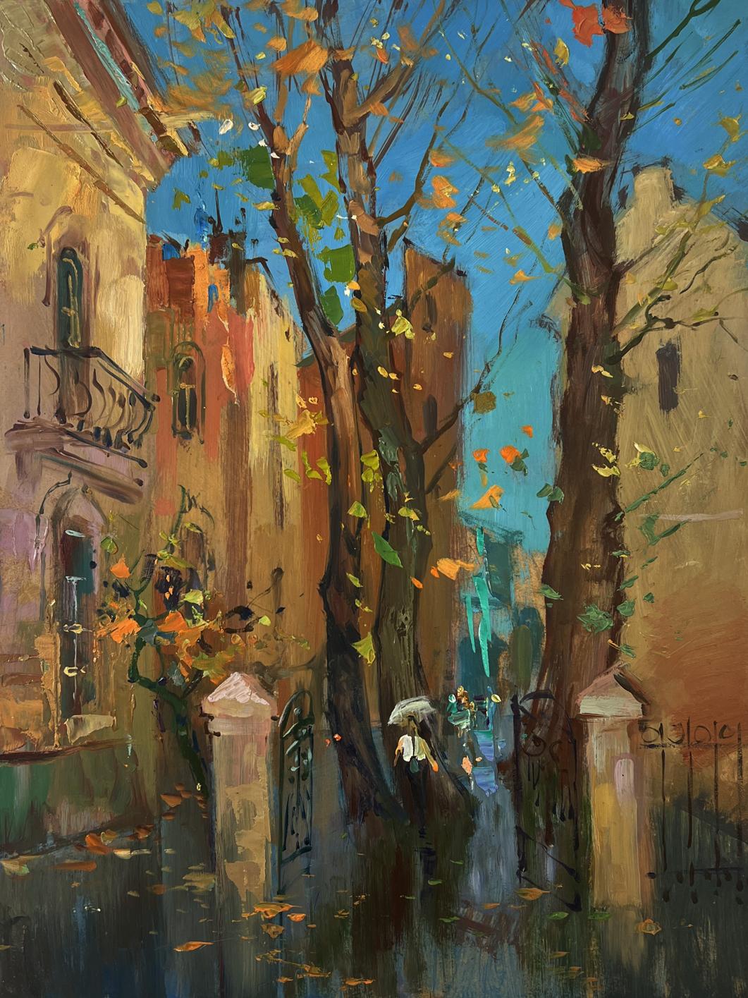 Oil painting by Yuriy Suprunchuk: melancholic autumn rainy street