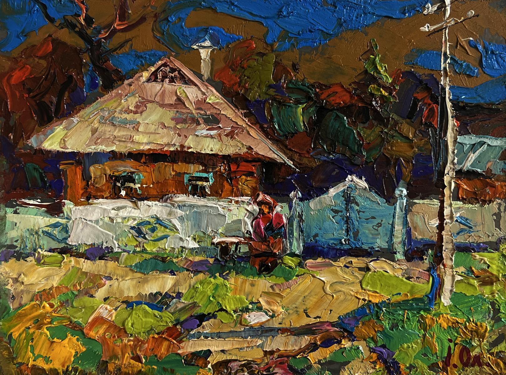 Oil painting by Oleksiy Ivanyuk: rustic house with thatched roof