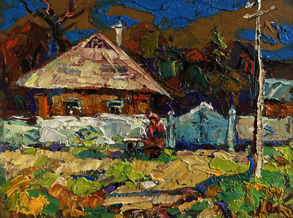 Oil painting by Oleksiy Ivanyuk: rustic house with thatched roof