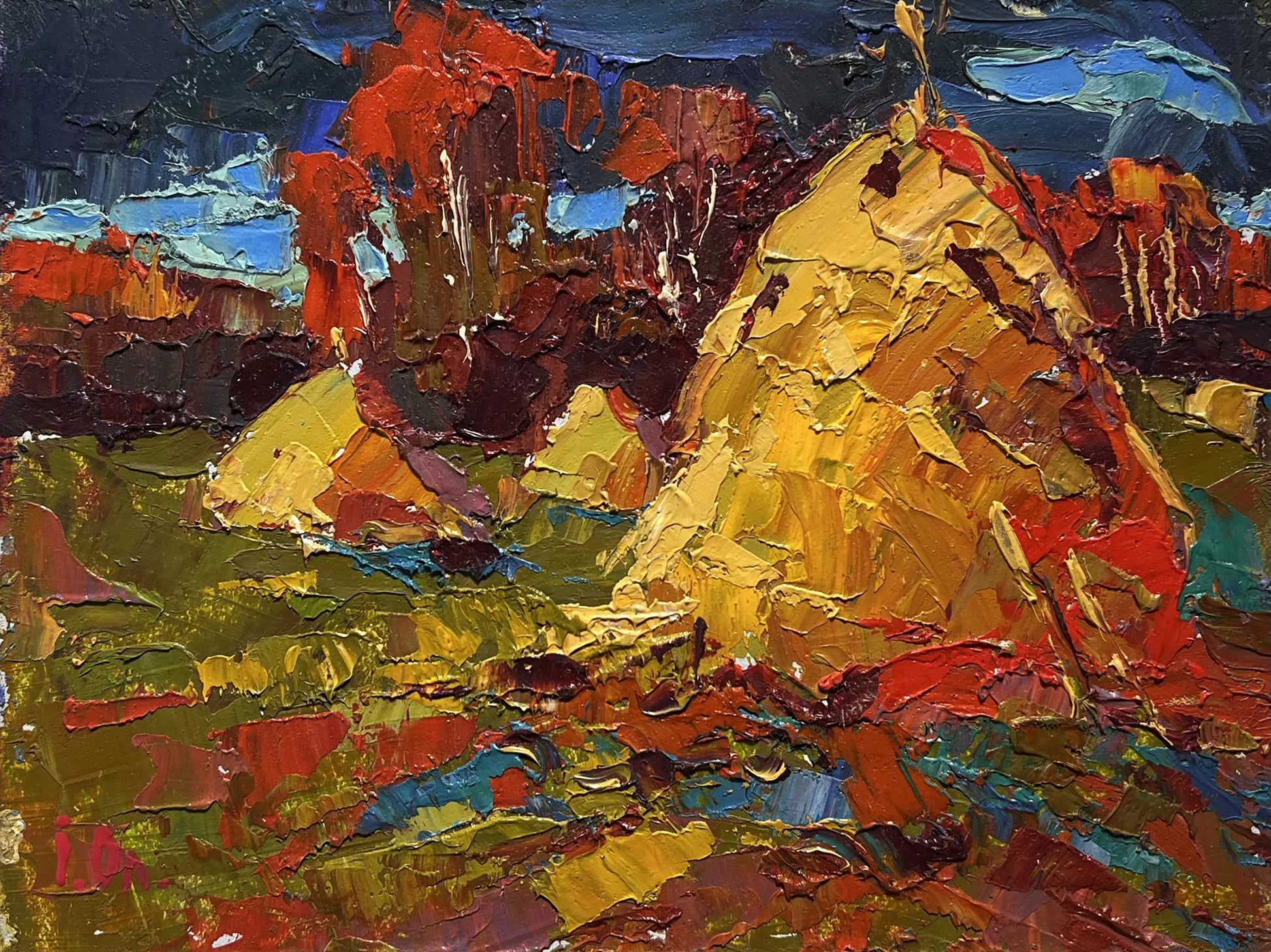 Vibrant impressionist oil painting of autumn fields and haystacks by Oleksiy Ivanyuk