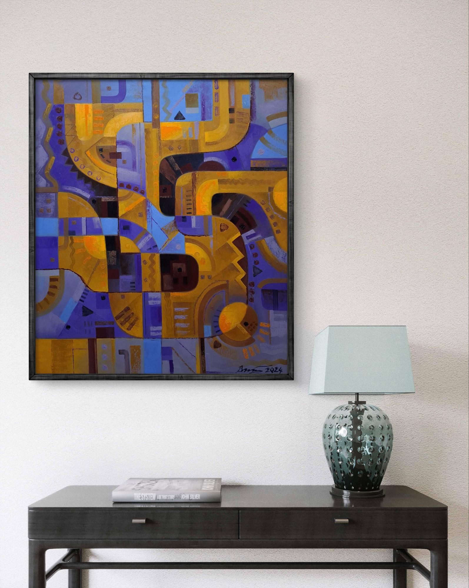 Oil painting Light lines by Sergiy Voichenko, abstract geometric art in black frame