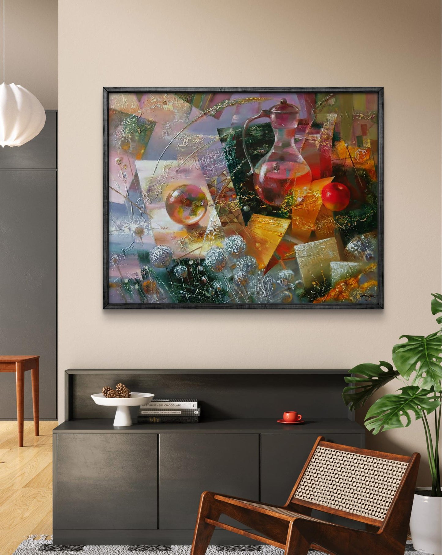 Abstract oil painting Golden Day by Anatoly Tarabanov in black frame