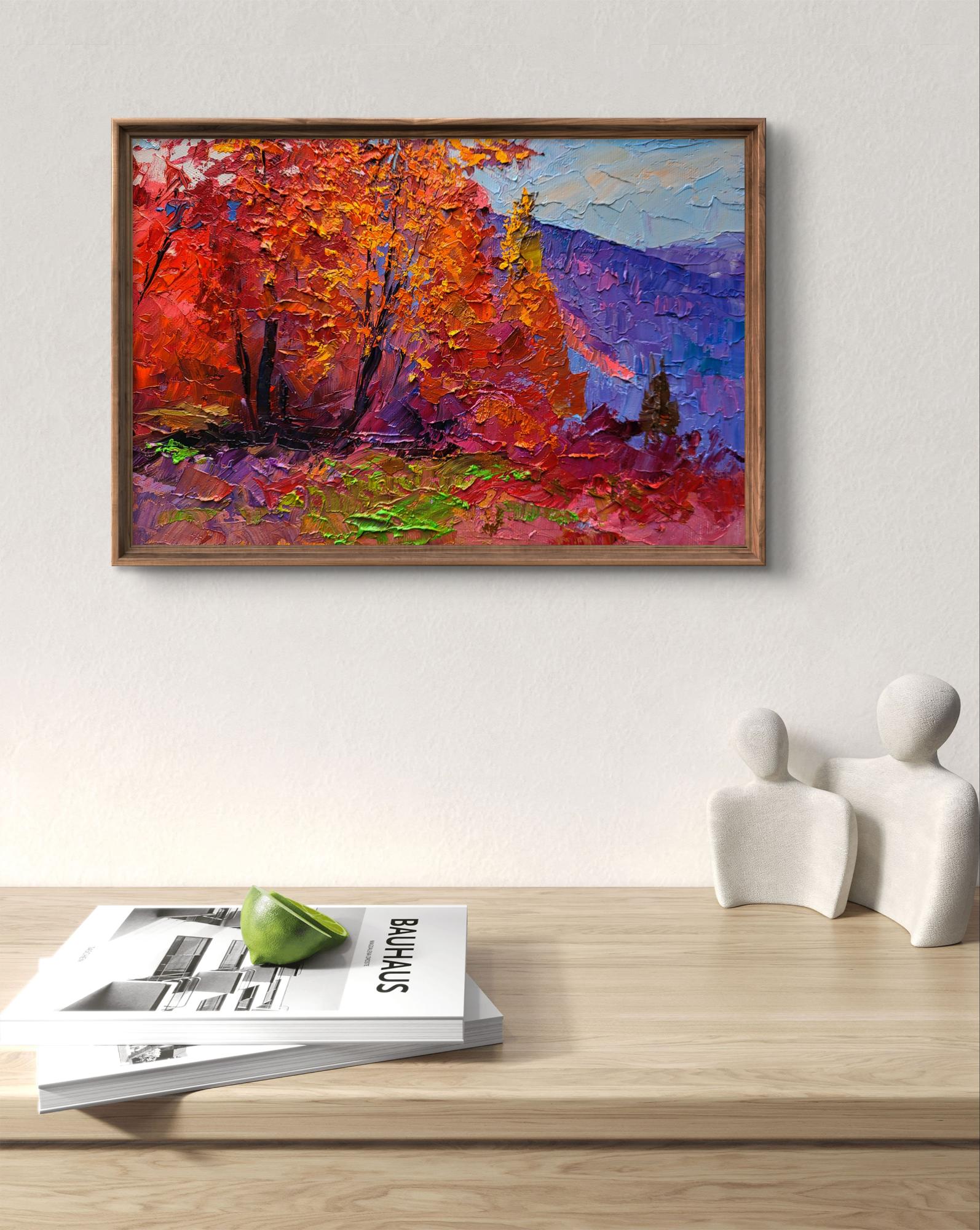 Oil painting Autumn is crimson by Boris Serdyuk, fiery autumn trees and purple mountains