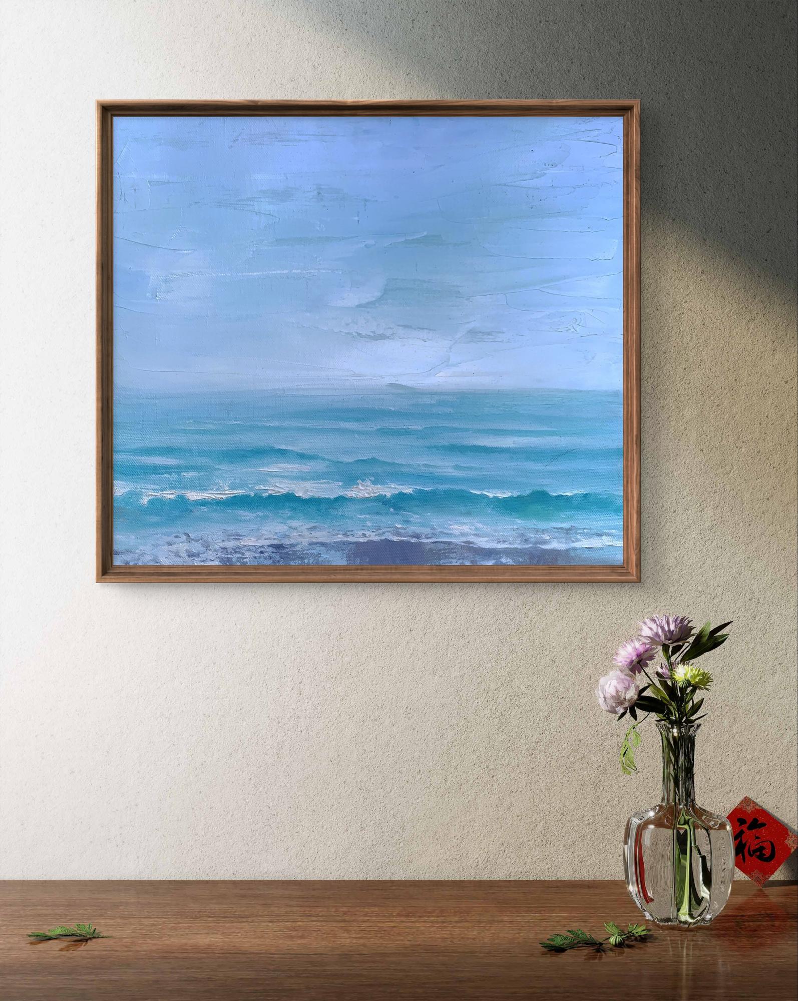 Oil painting Warm sea by Tatyana Derdey, abstract turquoise waves in wood frame