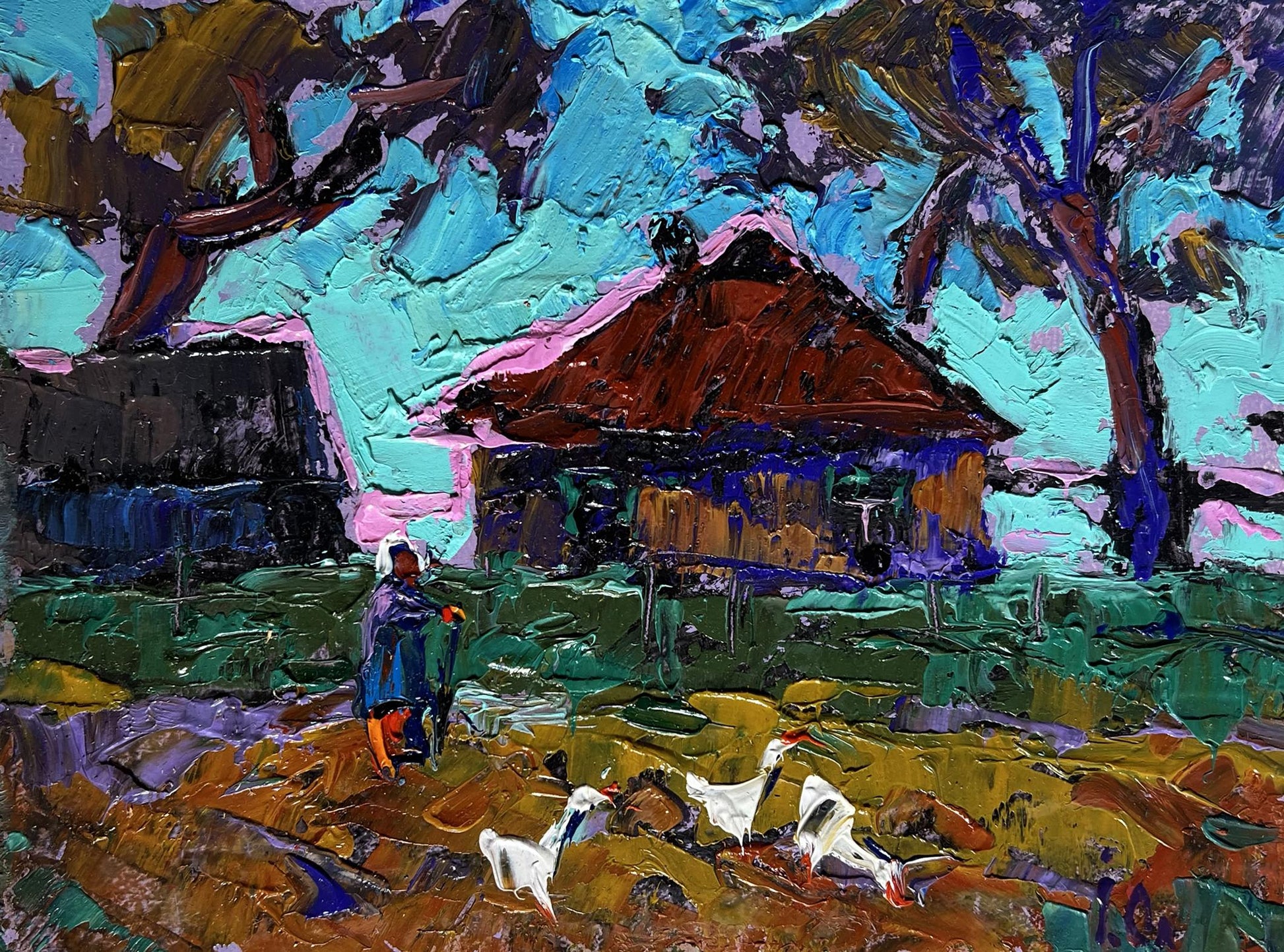 Vibrant impressionist oil painting of geese flock by Oleksiy Ivanyuk