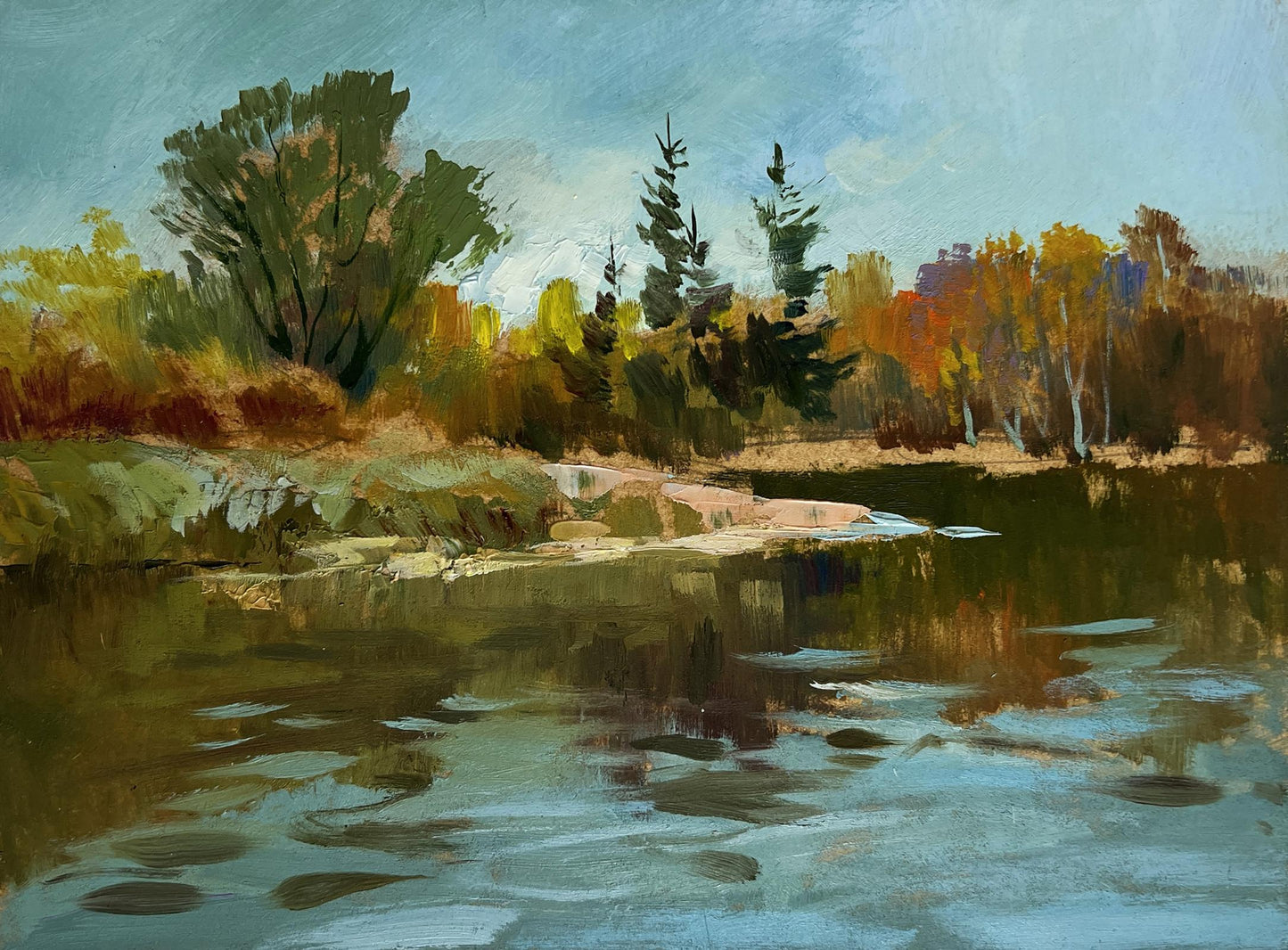 Autumn oil painting by Yuriy Suprunchuk: river reflecting vibrant foliage