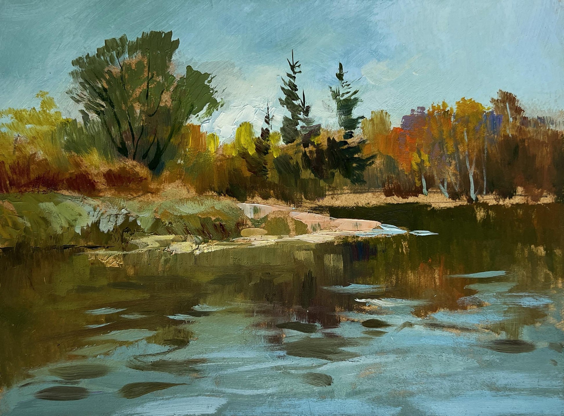 Autumn oil painting by Yuriy Suprunchuk: river reflecting vibrant foliage