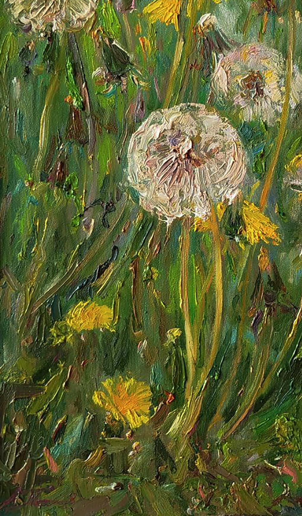 Oil painting of green dandelions by Leonid Pavlenko