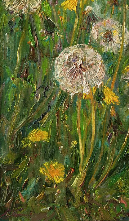 Oil painting of green dandelions by Leonid Pavlenko