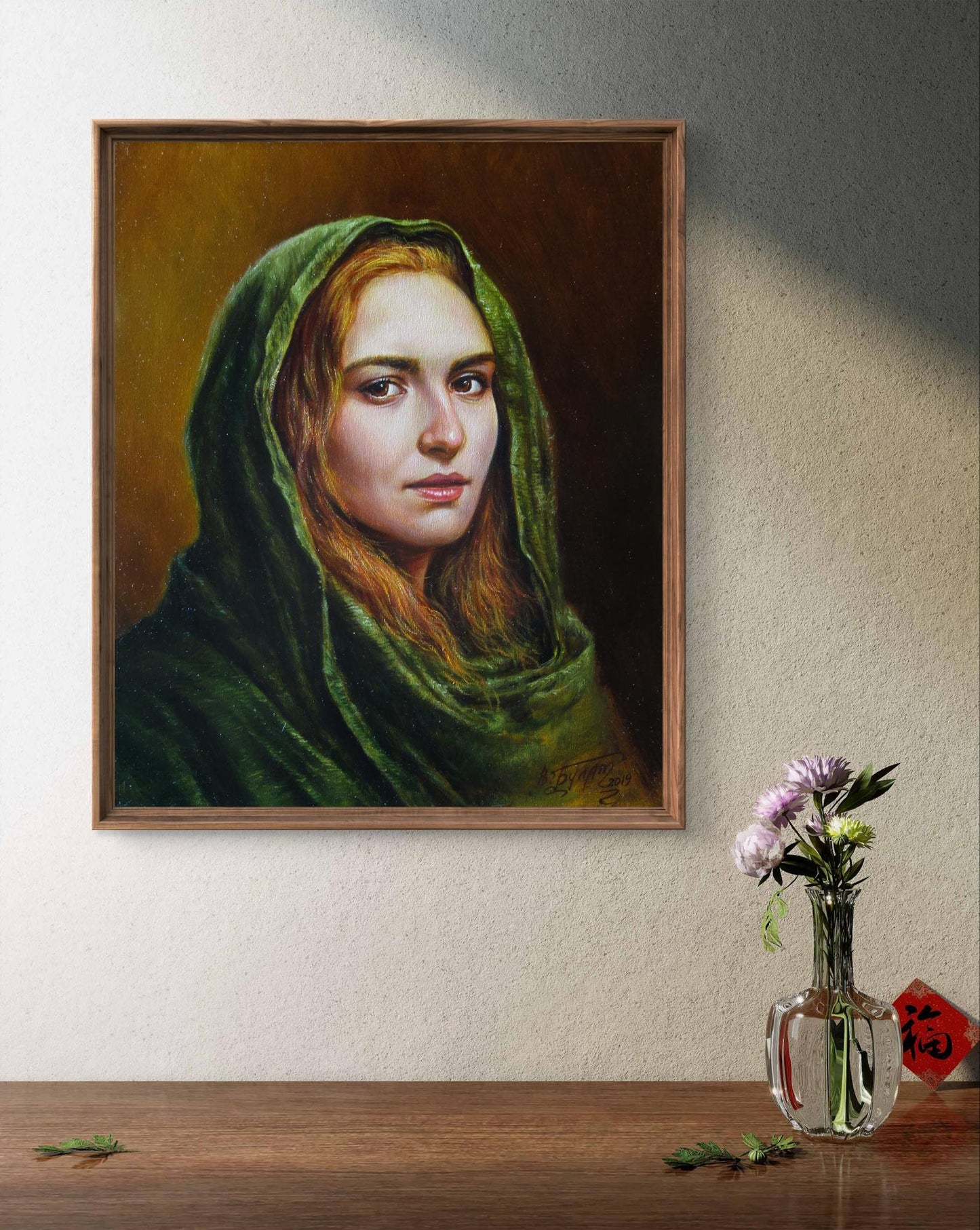 Oil painting Fox Valeriy Bulat: woman in green hooded cloak