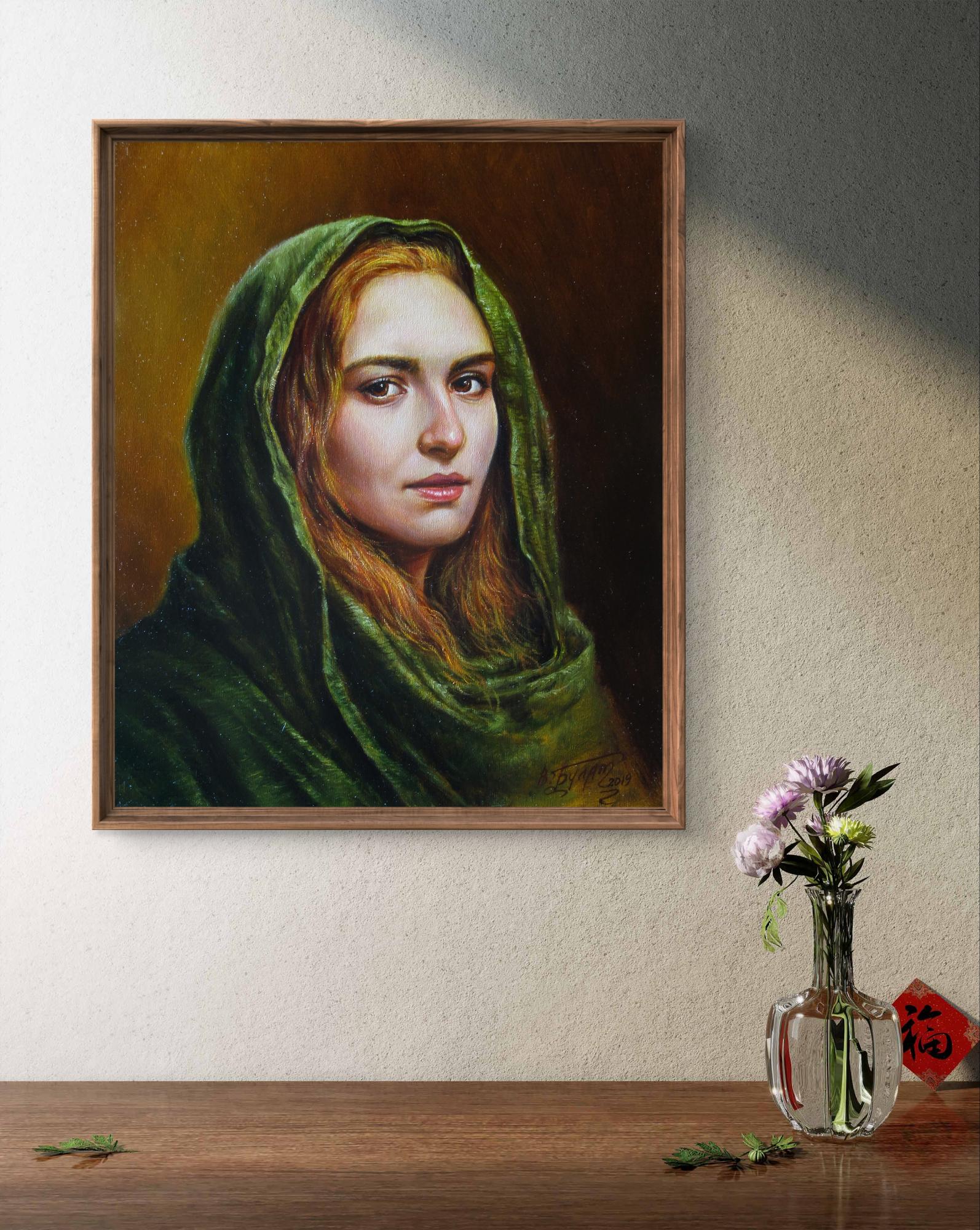 Oil painting Fox Valeriy Bulat: woman in green hooded cloak