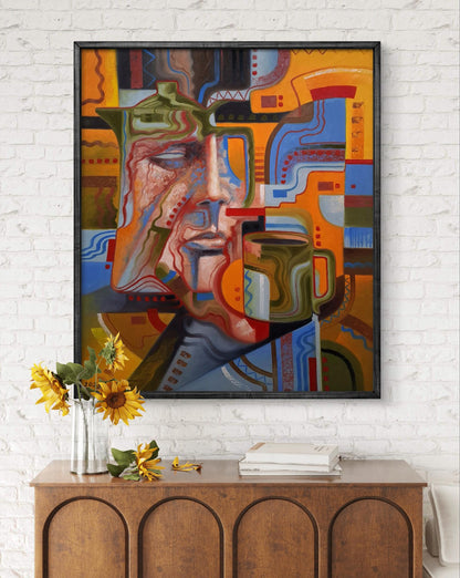 Vibrant abstract portrait oil painting by Sergiy Voichenko in black frame