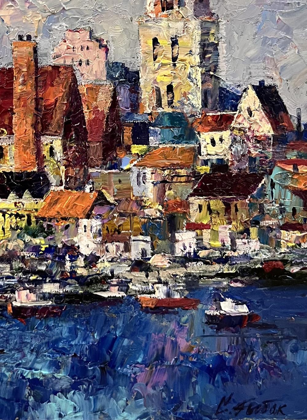Vibrant impressionist oil painting of Serhiy Rybak city boats at ferry