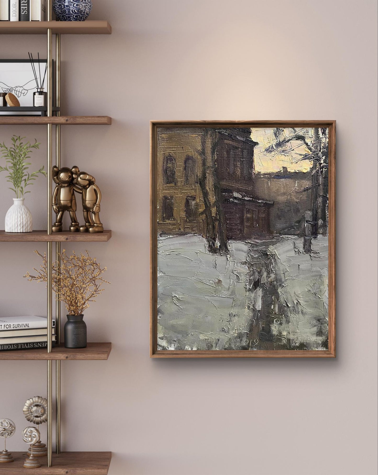 Framed Oil painting Winter evening by Volodymyr Pashchenko snowy street scene