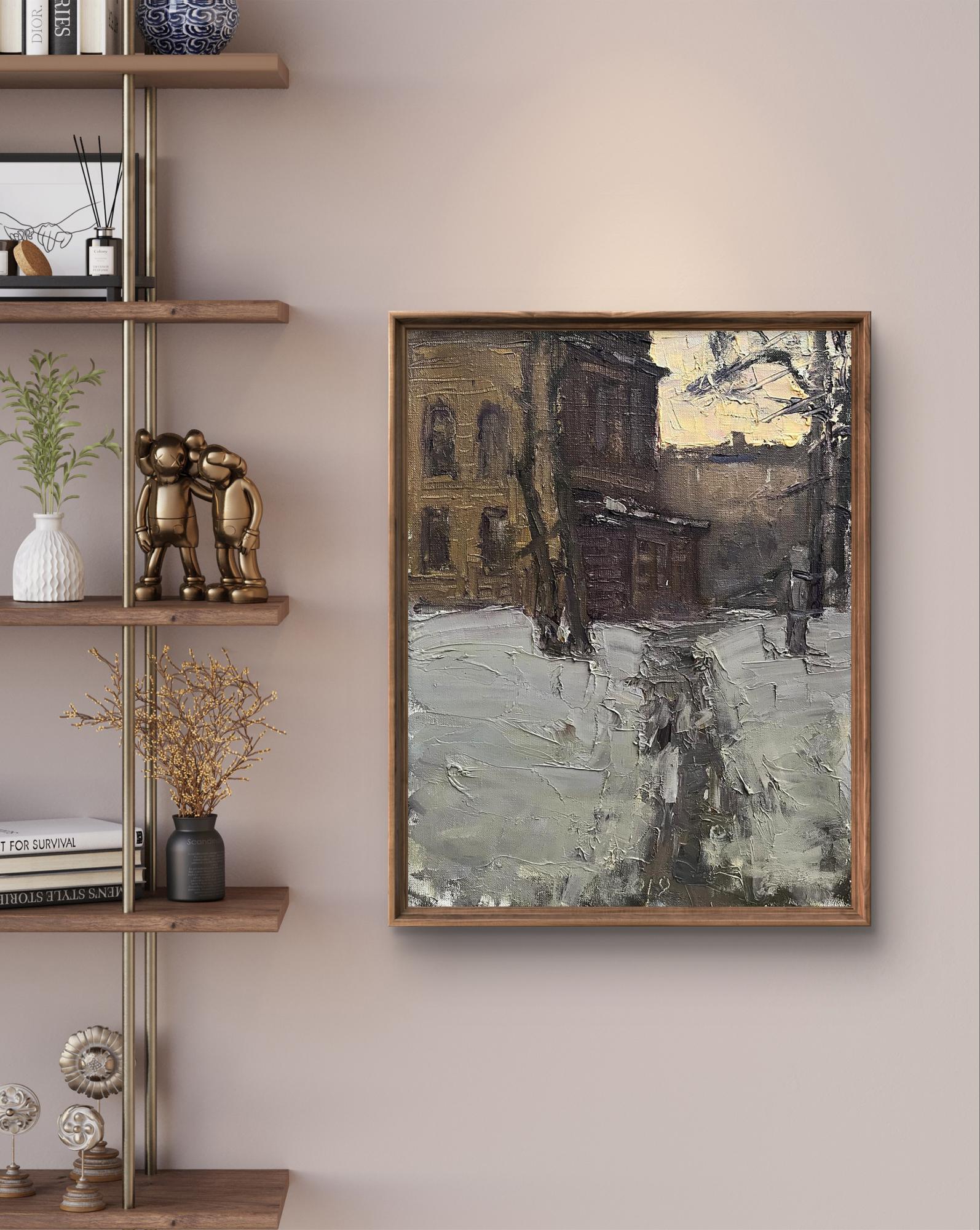 Framed Oil painting Winter evening by Volodymyr Pashchenko snowy street scene
