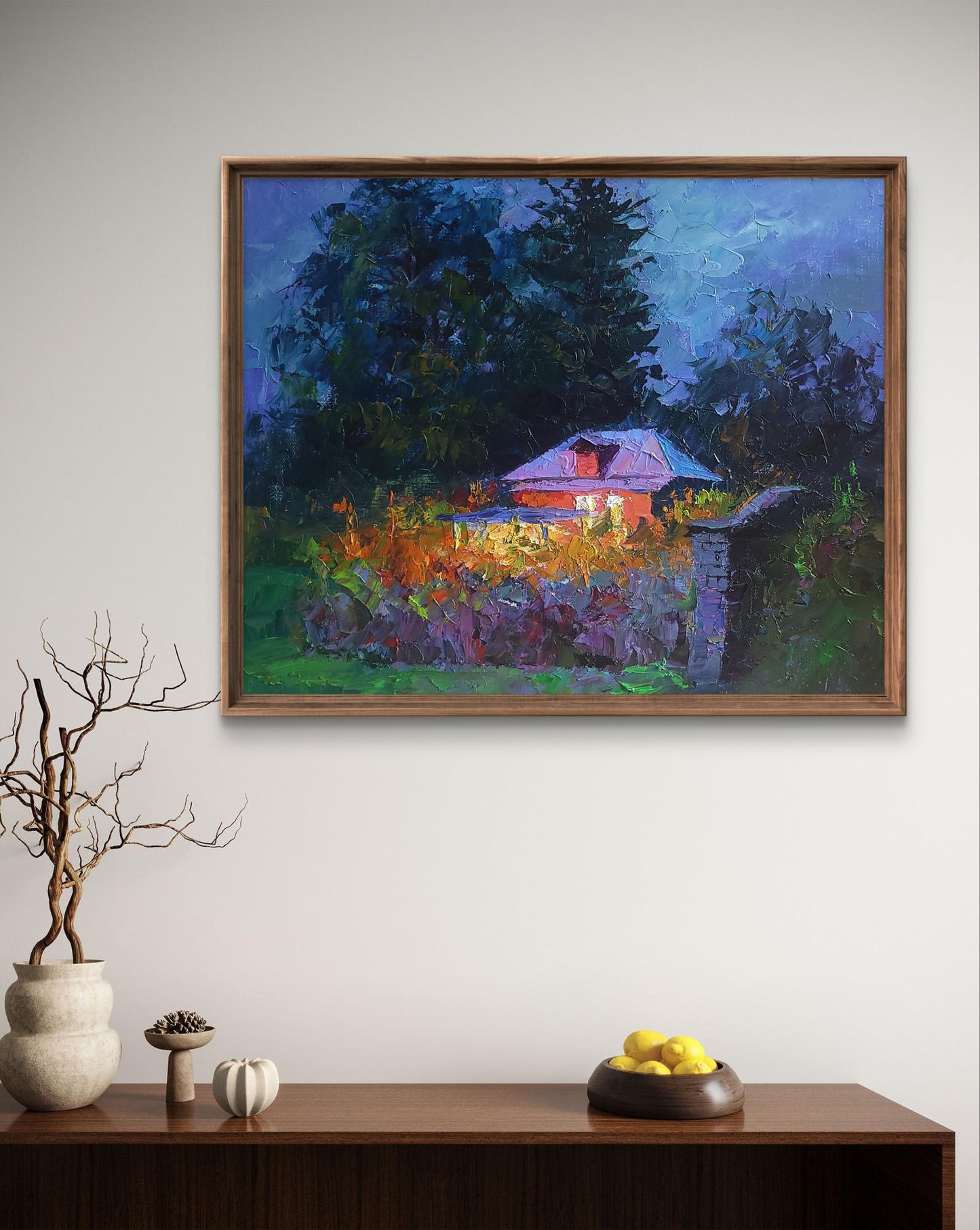Oil painting Evening Boris Serdyuk: rustic house in foliage under twilight sky