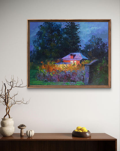 Oil painting Evening Boris Serdyuk: rustic house in foliage under twilight sky