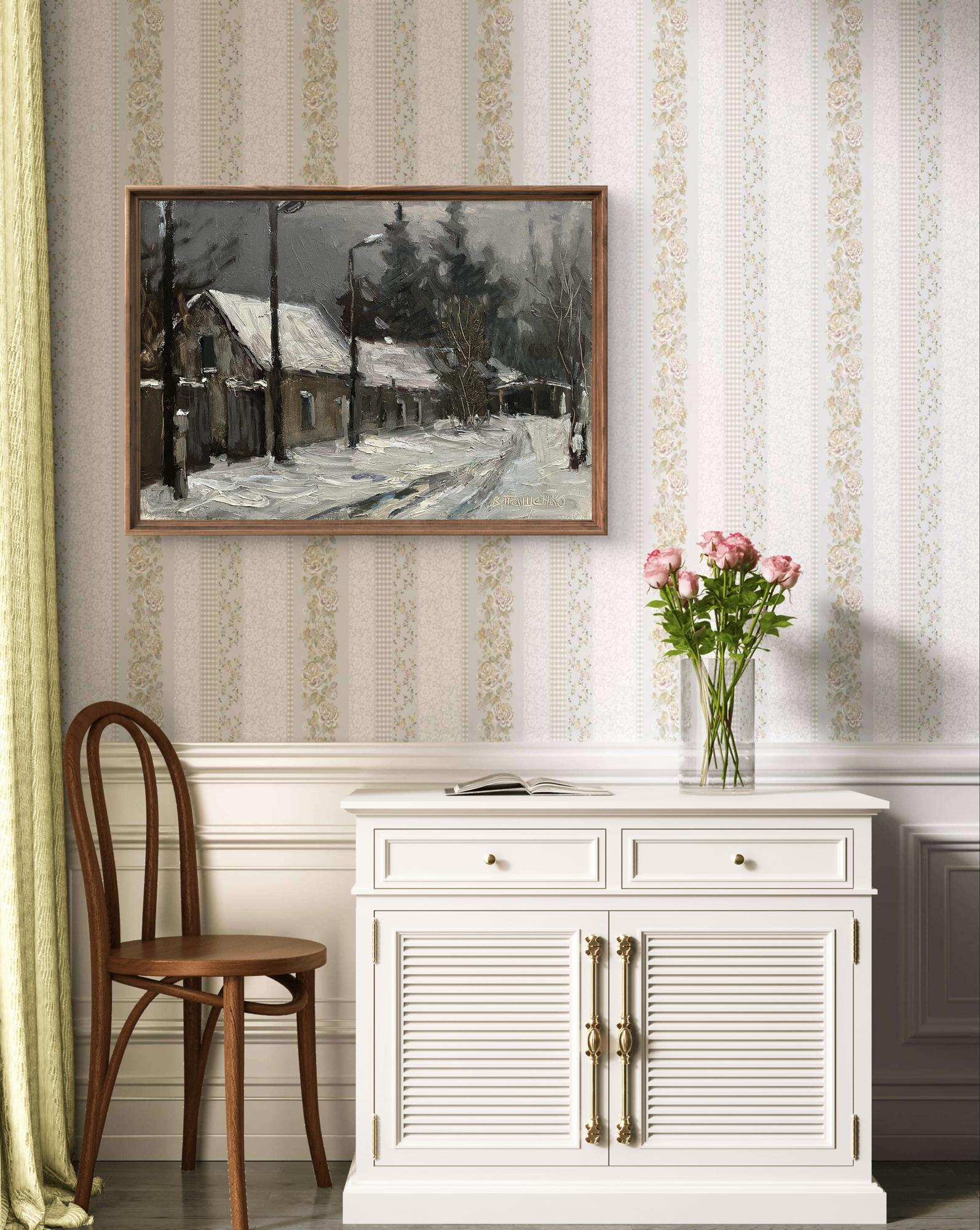 Oil painting of white cabinet with gold handles and louvered doors by Volodymyr Pashchenko
