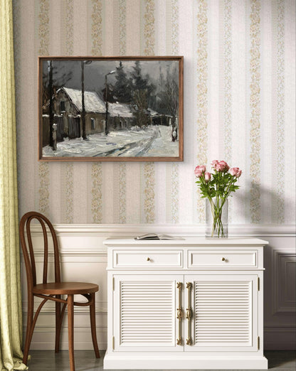 Oil painting of white cabinet with gold handles and louvered doors by Volodymyr Pashchenko