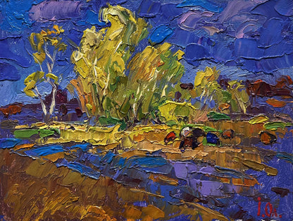 Vibrant Oleksiy Ivanyuk oil painting: autumn after rain, yellow green foliage, blue sky impasto