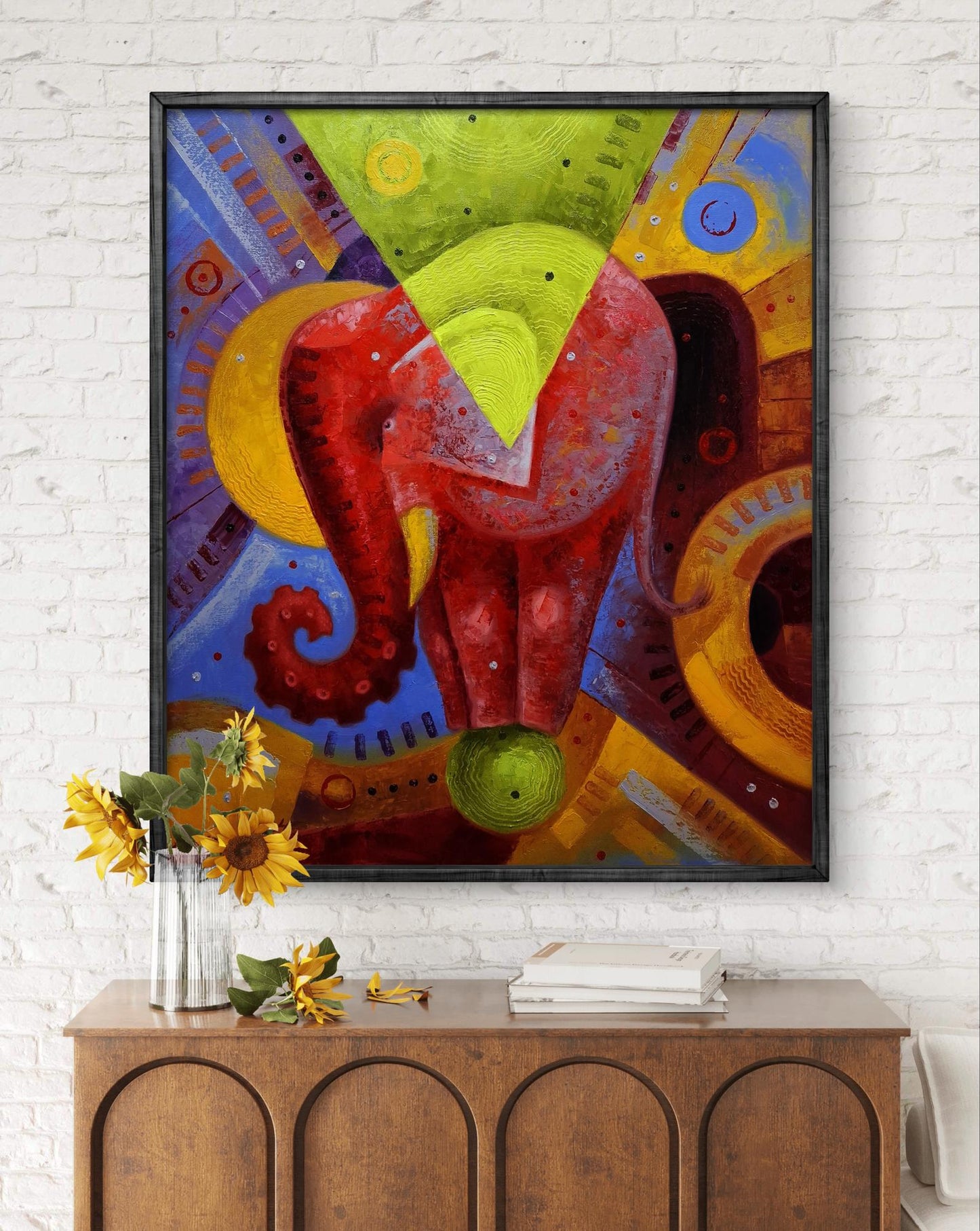 Vibrant oil painting In the Arena by Sergiy Voichenko: red elephant with geometric shapes
