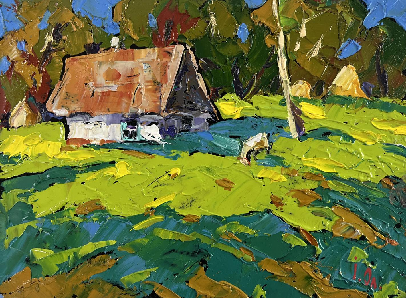 Oil painting of forest path to sunny rustic thatched hut by Oleksiy Ivanyuk