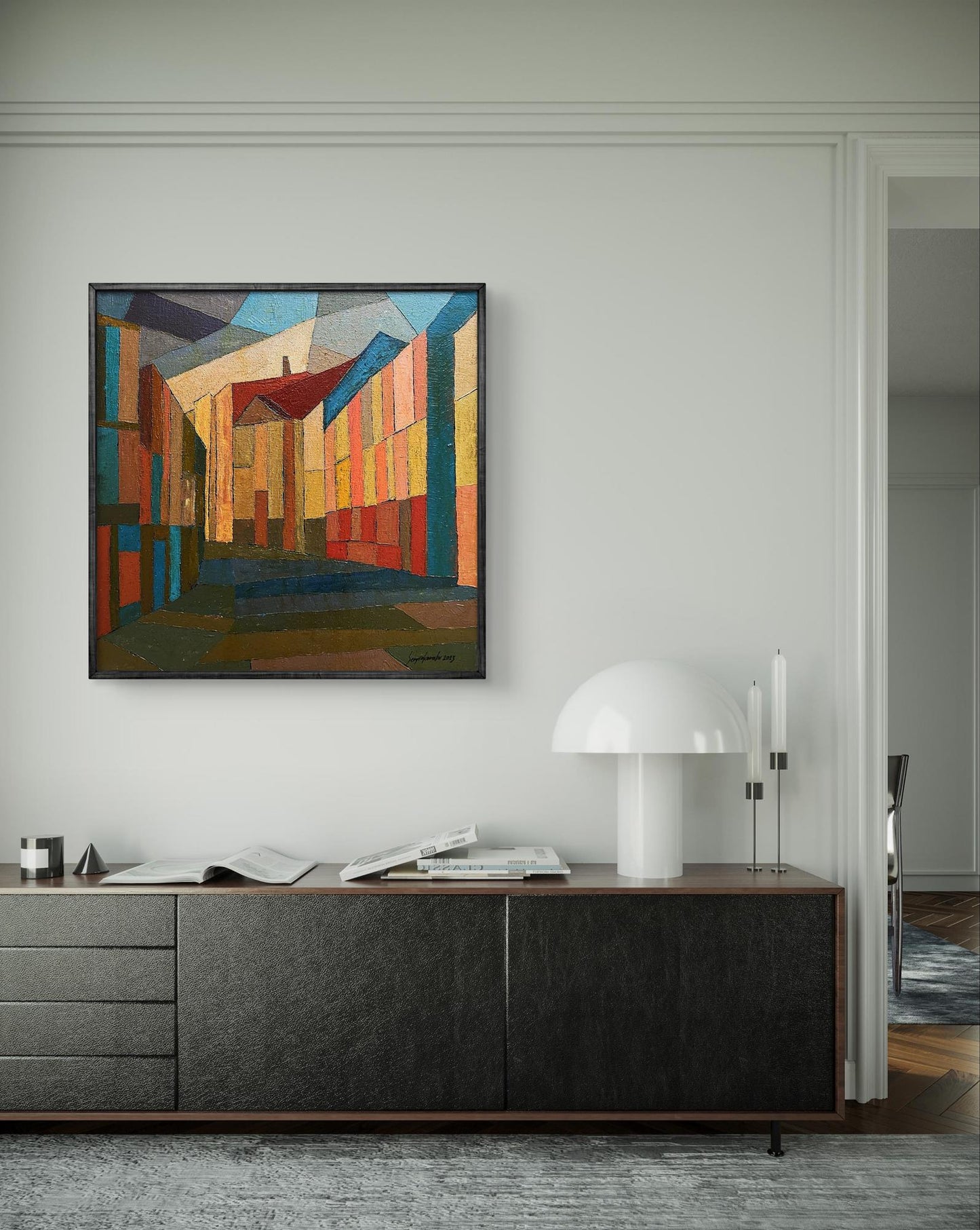 Vibrant geometric abstract oil painting by Serhiy Kovalev, framed in black