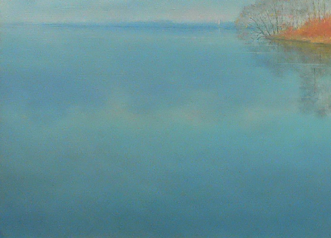 Serene watercolor lake with Vasily Korkishko St. Nicholas church reflection